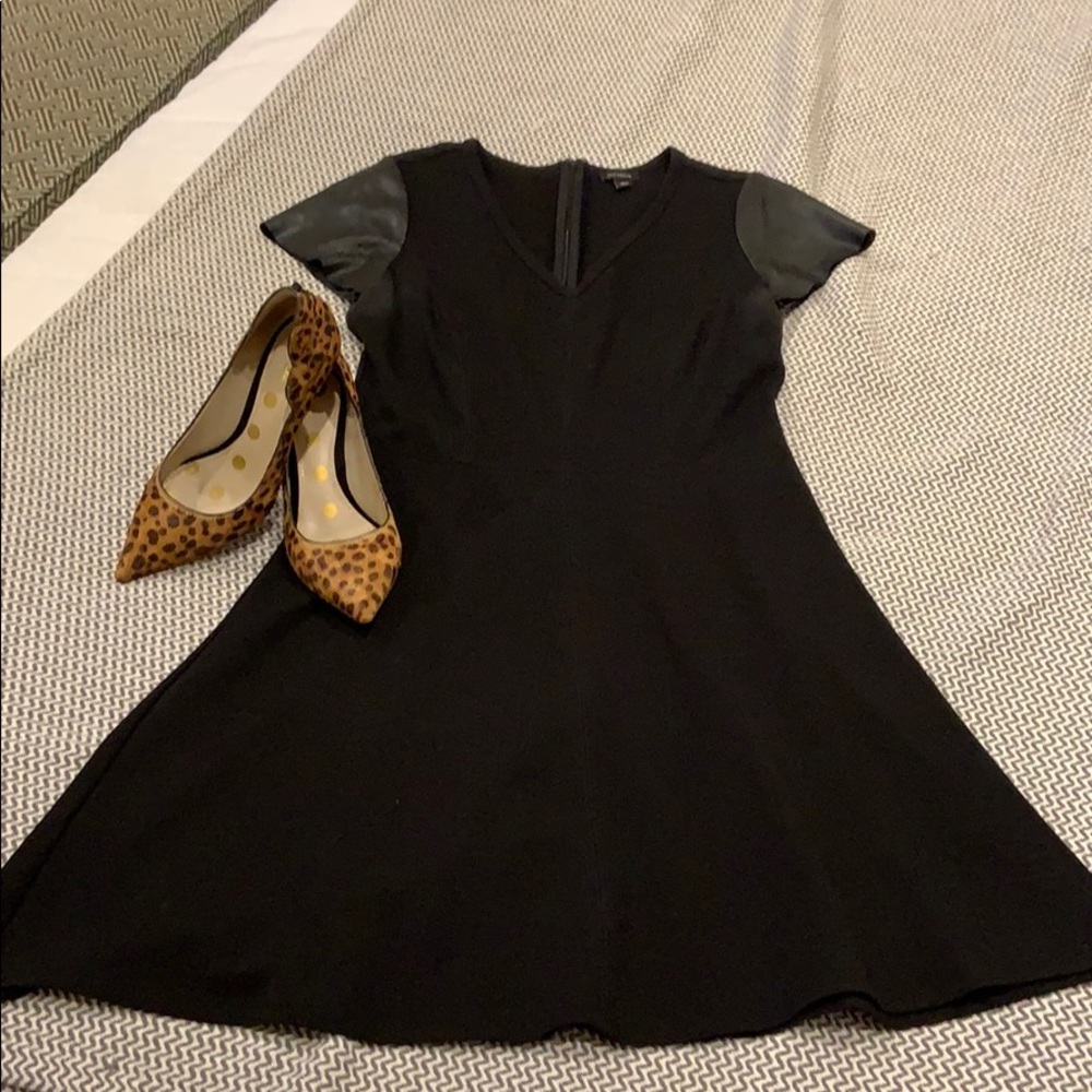 Ann Taylor faux-leather sleeved black dress